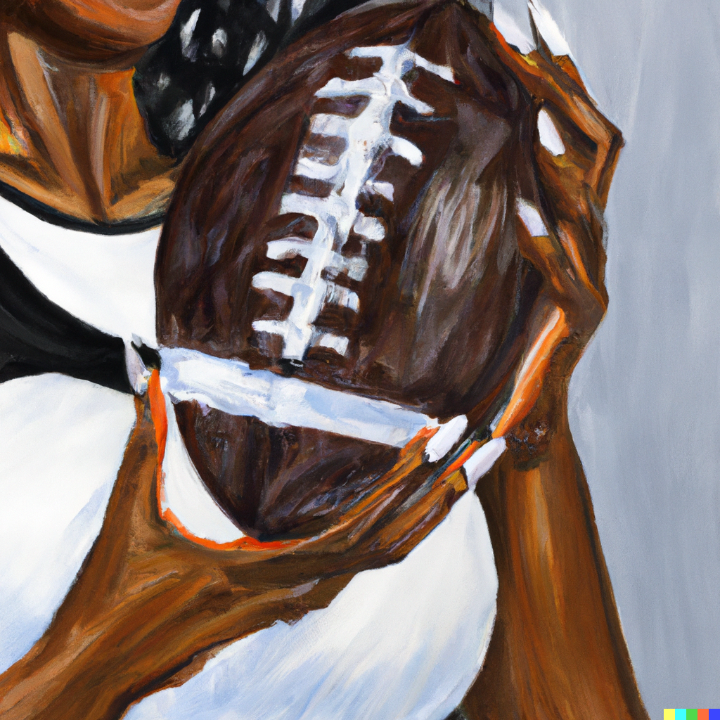 dalle painting of a black woman's holding a football with one hand
